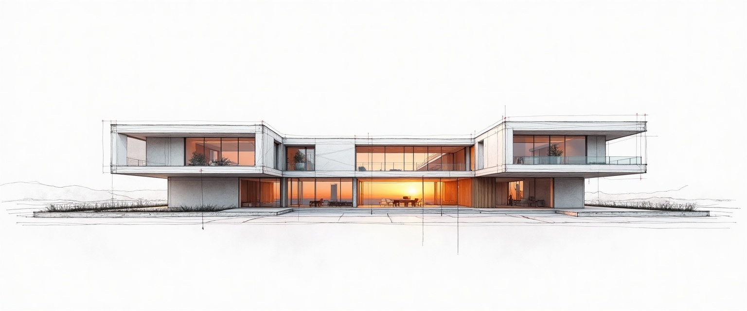 A modern cubic house mid-transformation: architectural pen drawing with red dimension marks becoming a photorealistic building with glowing floor-to-ceiling glass
